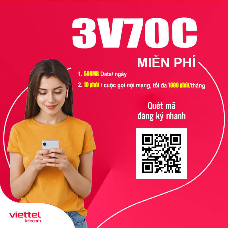 Đăng Ký Gói 3V70C Viettel (V70C 3 Tháng) 45GB, Gọi Nội Mạng thả Ga