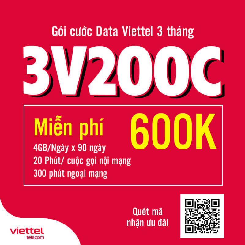 Đăng Ký Gói 3V200C Viettel Miễn phí 4GB/ngày, Gọi Nội Mạng 3 Tháng