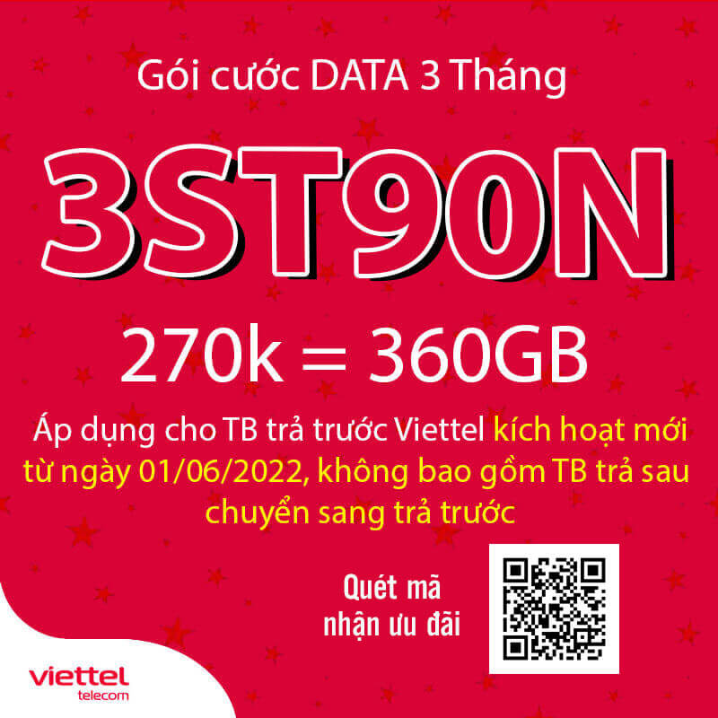 Đăng Ký Gói 3ST90N Viettel Có Ngay 4GB/Ngày giá 270k 3 Tháng