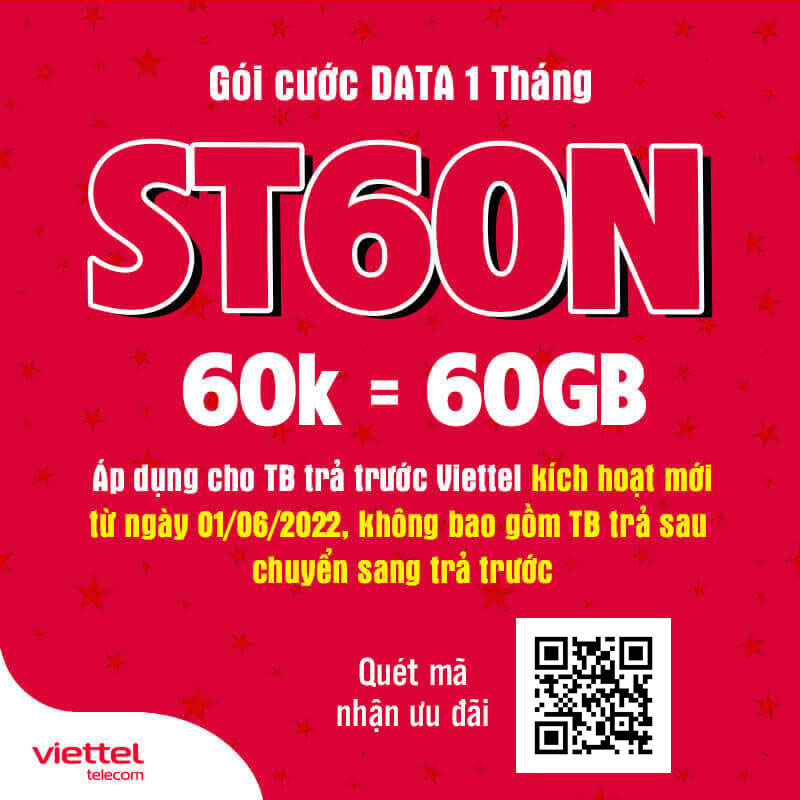 Đăng Ký Gói ST60N Viettel Có Ngay 2GB/Ngày giá 60k 1 Tháng