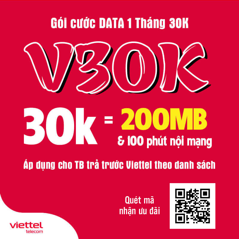 Đăng Ký Gói V30K Viettel Ưu Đãi 100 Phút Nội Mạng + 200MB