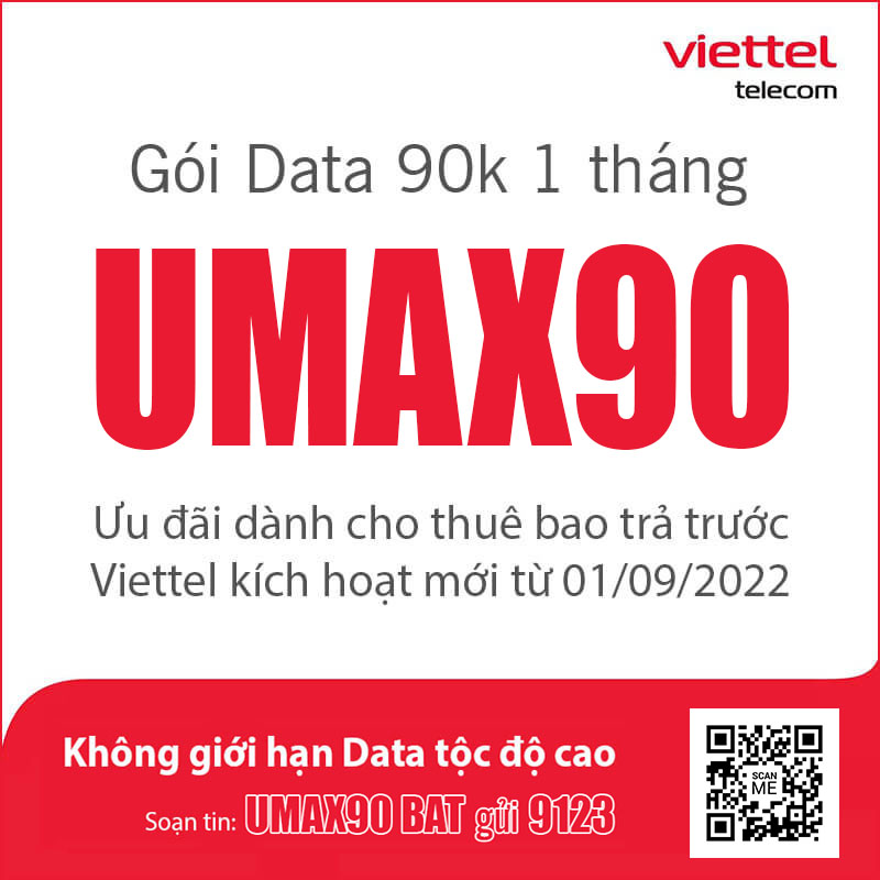 Đăng ký gói UMAX90 Viettel không giới hạn Data giá 90k 1 tháng
