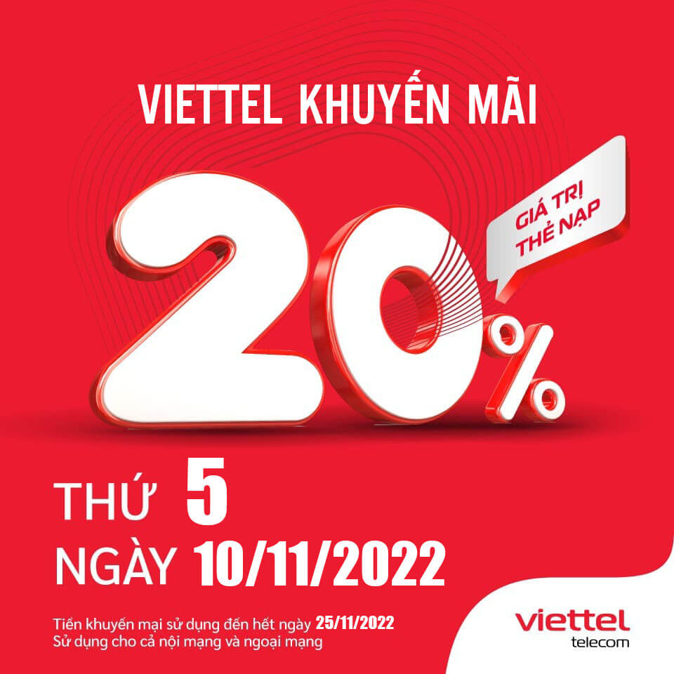 Viettel khuyến mãi tặng 20% giá trị thẻ nạp ngày 10/11/2022