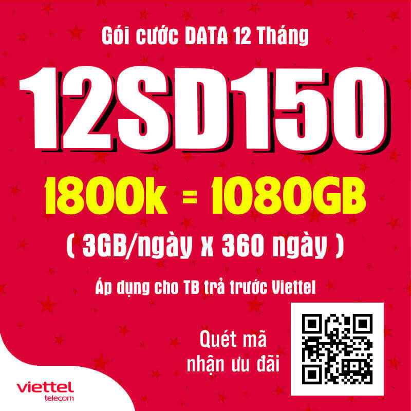 Đăng Ký Gói 12SD150 Viettel Có 3GB Data Giá 1800k 12 Tháng