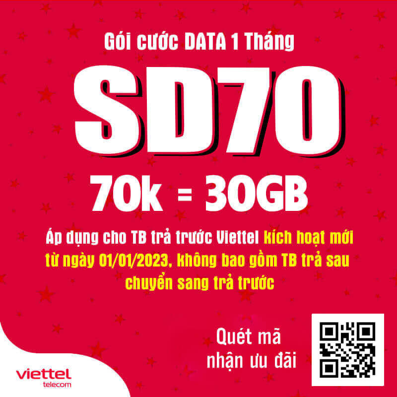 Đăng Ký Gói SD70 Viettel Có Ngay 1GB Data Giá 70k 1 Tháng
