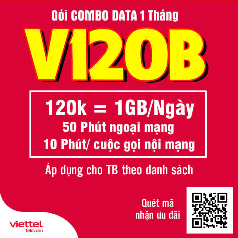 Đăng Ký Gói V120B Viettel 1.5GB/Ngày, Gọi Nội Mạng giá 120k 1 Tháng