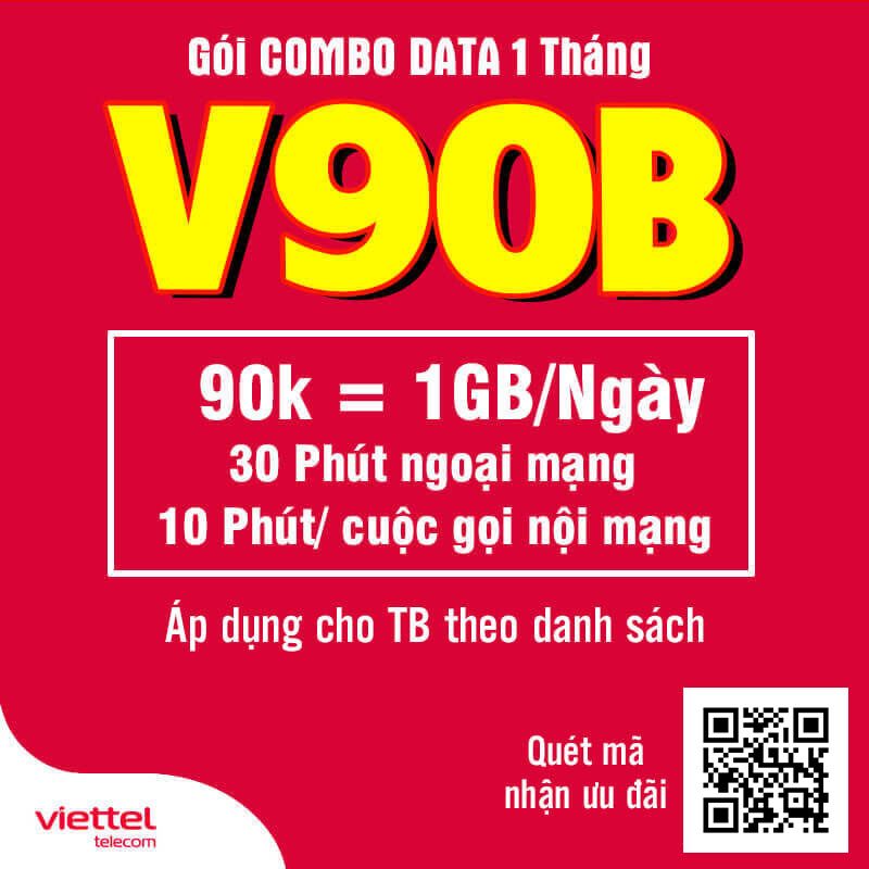 Đăng Ký Gói V90B Viettel 1GB/Ngày, Gọi Nội Mạng giá 90k 1 Tháng