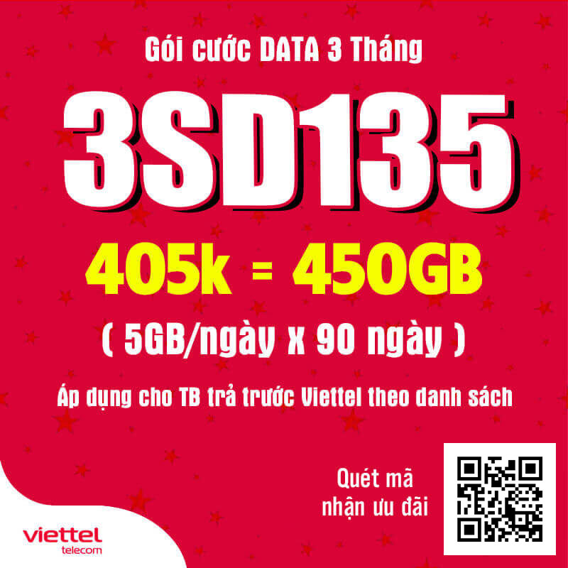 Đăng Ký Gói 3SD135 Viettel Có 5GB/ngày Giá 405k 3 Tháng