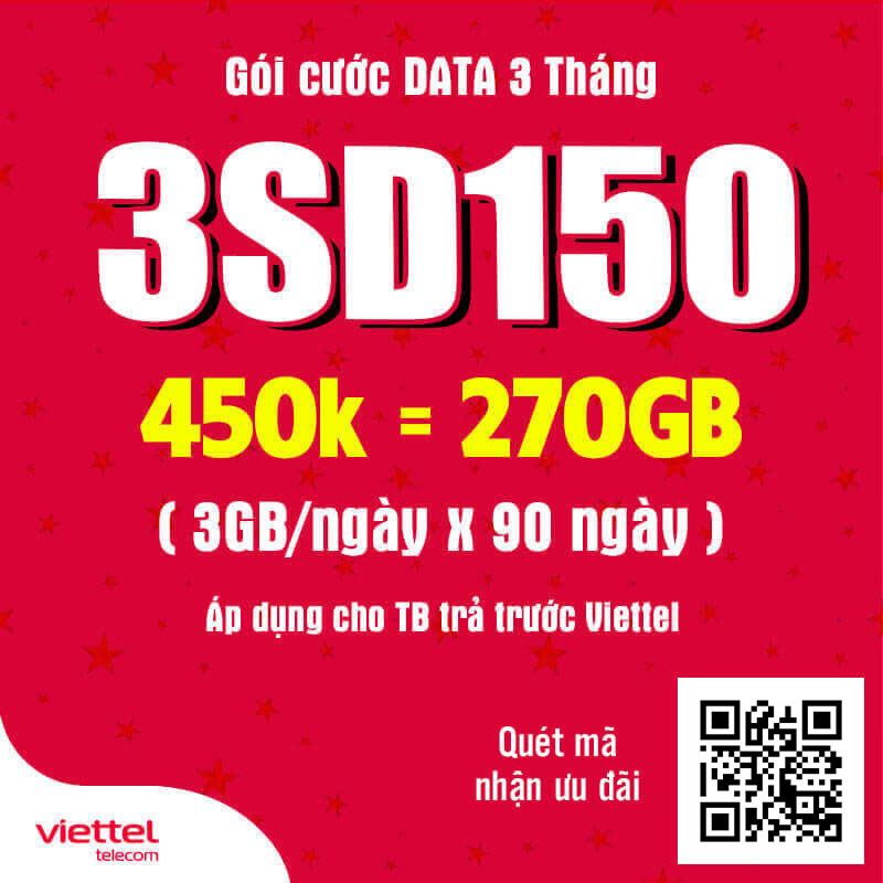 Đăng Ký Gói 3SD150 Viettel Có 3GB/ngày Giá 450k 3 Tháng