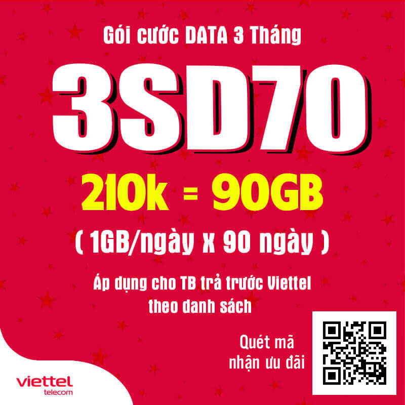 Đăng Ký Gói 3SD70 Viettel Có 1GB Data Giá 210k 3 Tháng