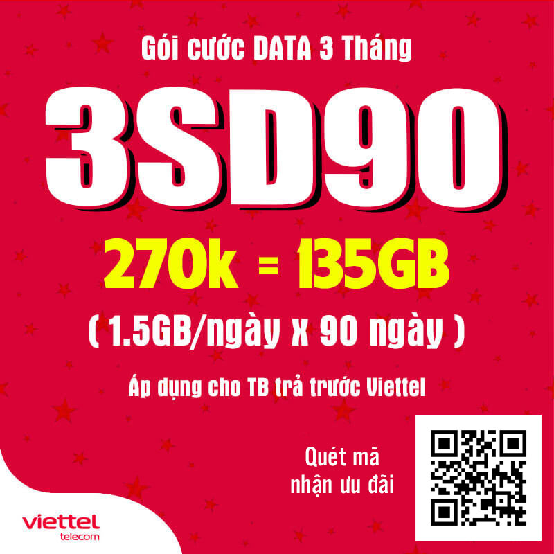 Đăng Ký Gói 3SD90 Viettel Có 1.5GB Data Giá 270k 3 Tháng