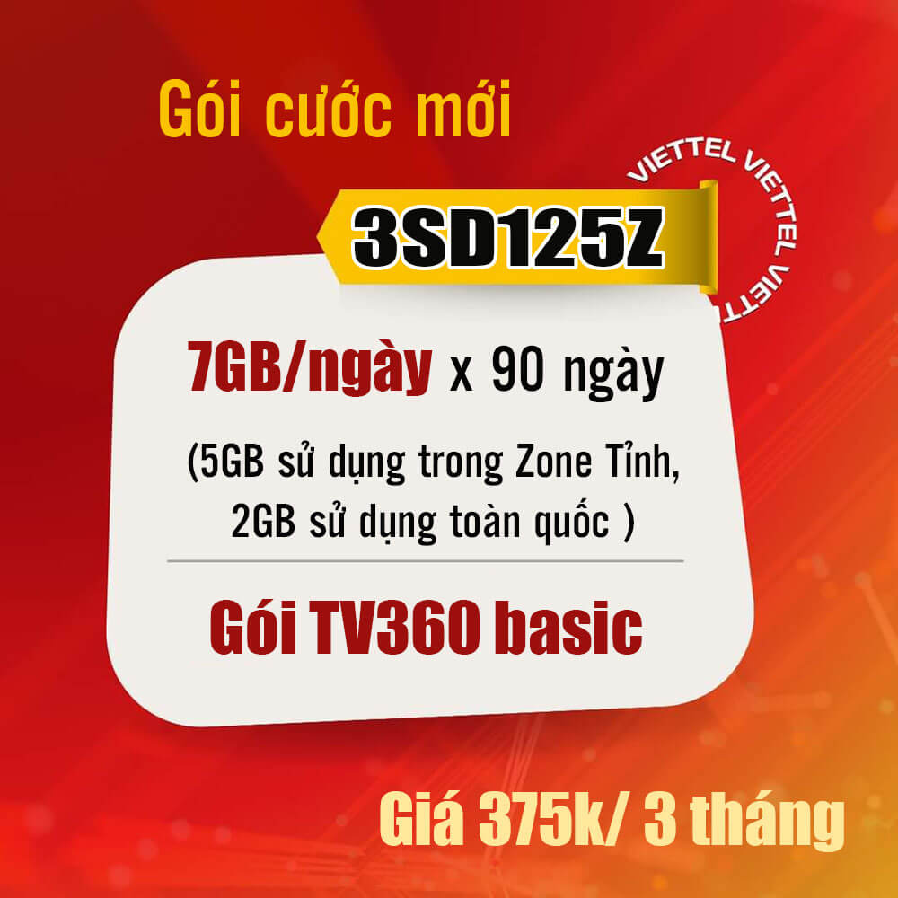 Đăng Ký Gói 3SD125Z Viettel Có 7GB/Ngày Giá 375k 3 Tháng