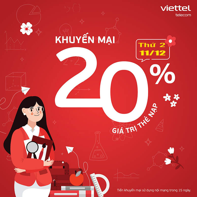 Viettel khuyến mãi tặng 20% giá trị thẻ nạp ngày 11/12/2023